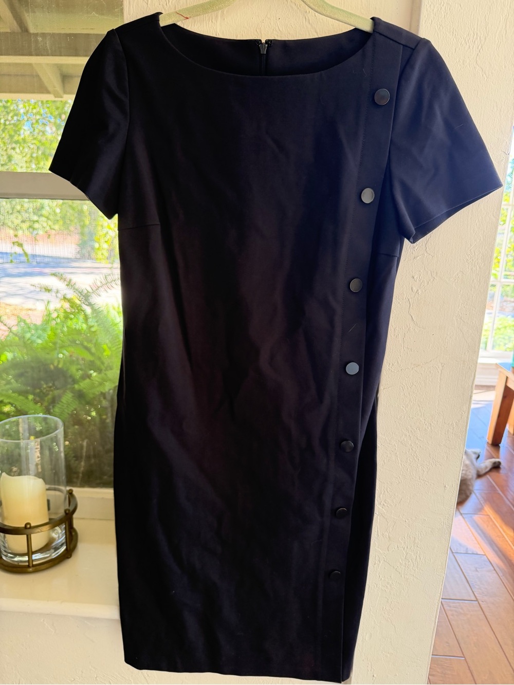 Tory Burch Navy Short-Sleeve Sheath Dress with Asymmetric Button Placket